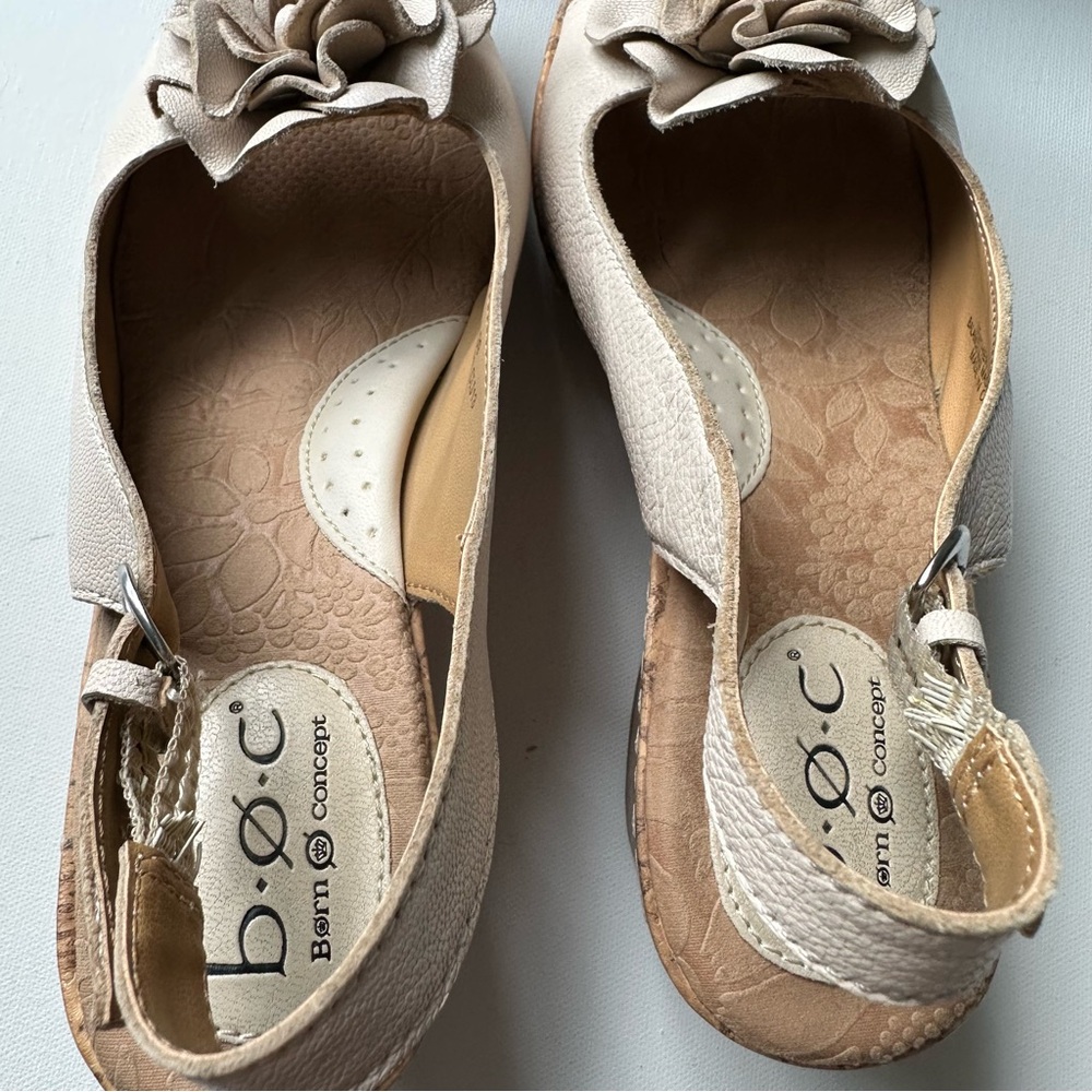 Floral Cream Leather Slingback Wedge Sandals - Picture 10 of 11